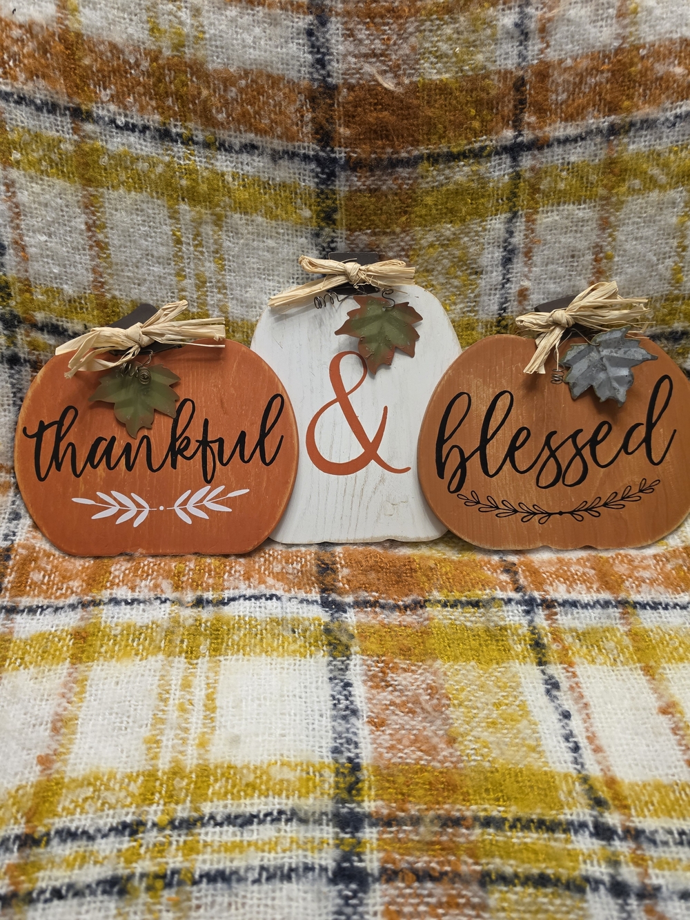 Thankful & Blessed Fall Pumpkin Wooden Décor - Orange & White